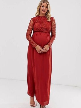ASOS Red Lace Long-Sleeve Maternity Maxi Dress (NWT)